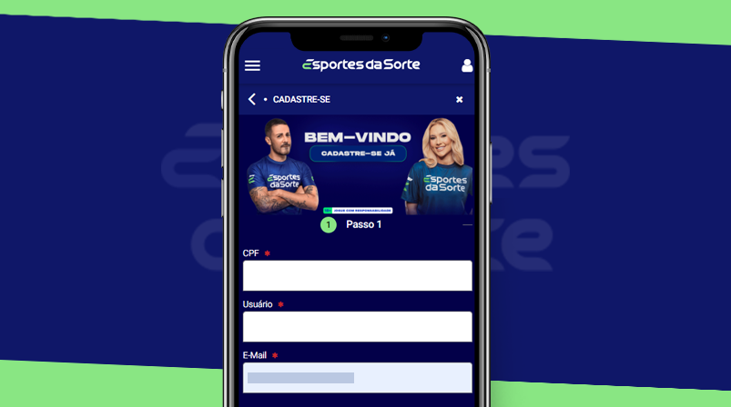 Imagem mostra smartphone aberto na página de cadastro da Esportes da Sorte