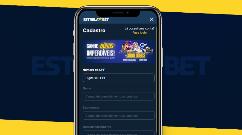 Imagem mostra smartphone aberto na página de cadastro da Print mostra página de cadastro da Estrela Bet