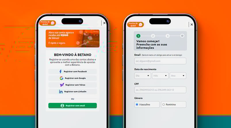 Imagem mostra dois smartphones abertos na página de cadastro