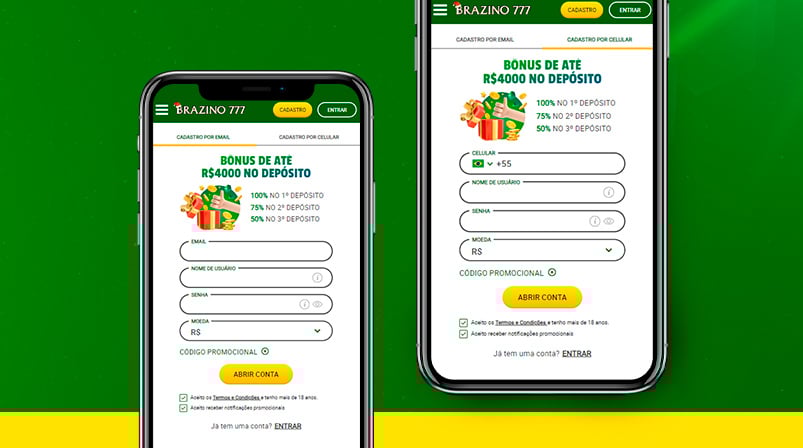 Imagem mostra dois smartphones abertos na página de cadastro da Brazino777