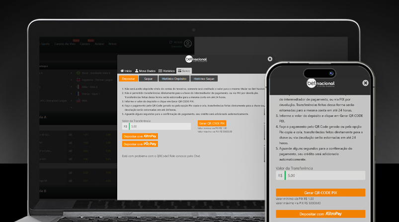 Imagem mostra notebook e smartphone abertos na página de depósito da Betnacional