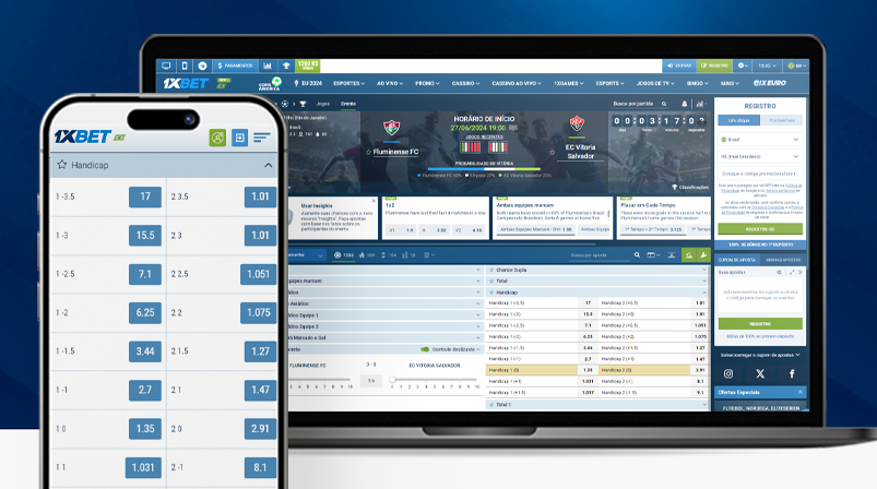 Imagem mostra smartphone e notebook abertos na página de apostas em handicap europeu da 1xBet