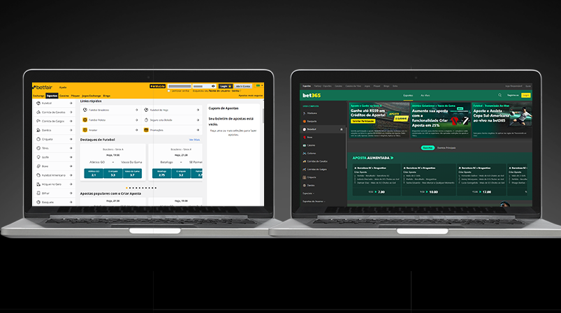 Imagem mostra dois notebooks abertos na página de variedade de esportes da Bet365 e Betfair