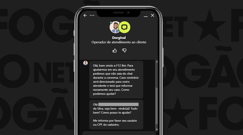 Imagem mostra smartphone aberto na página de chat ao vivo da F12 Bet