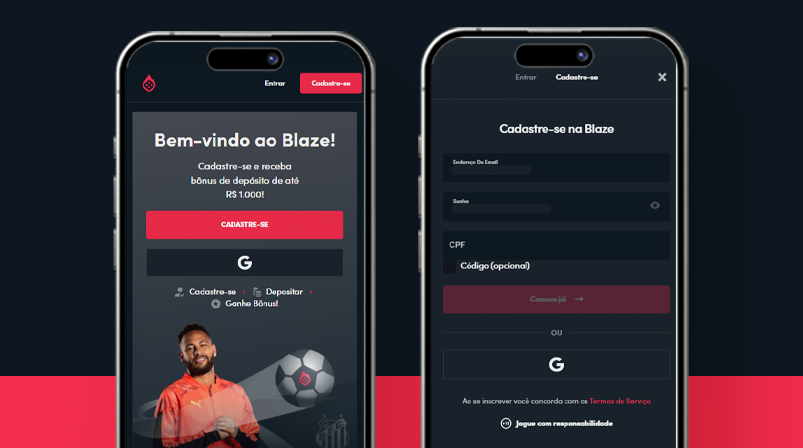 Imagem mostra dois celulares abertos na página de cadastro da Blaze