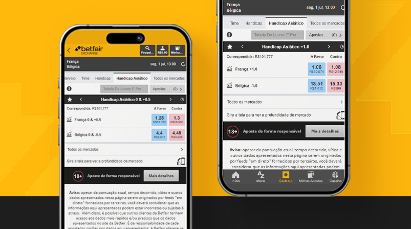 Imagem mostra smartphones abertos na página de handicap asiático na Betfair