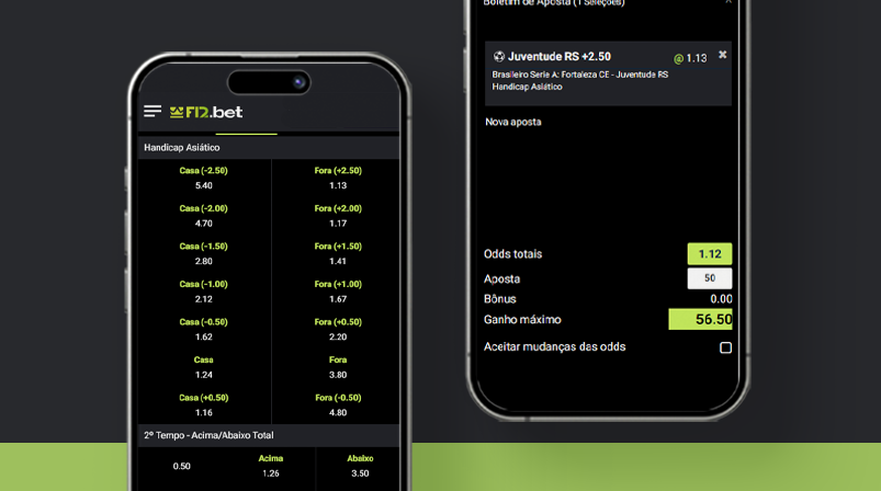 Imagem mostra smartphones abertos na página de handicap asiático na F12 Bet