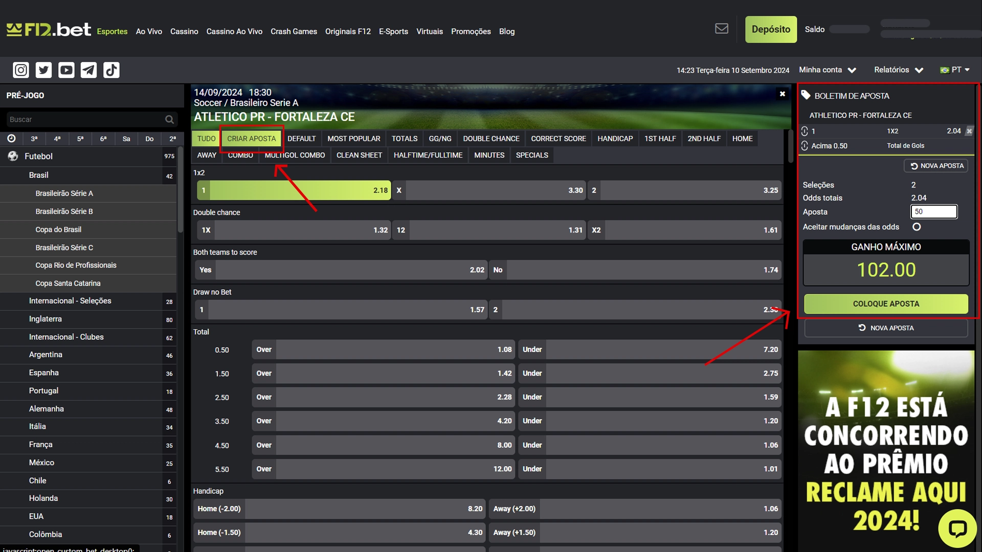 screenshot aba criar aposta boletim de aposta f12bet