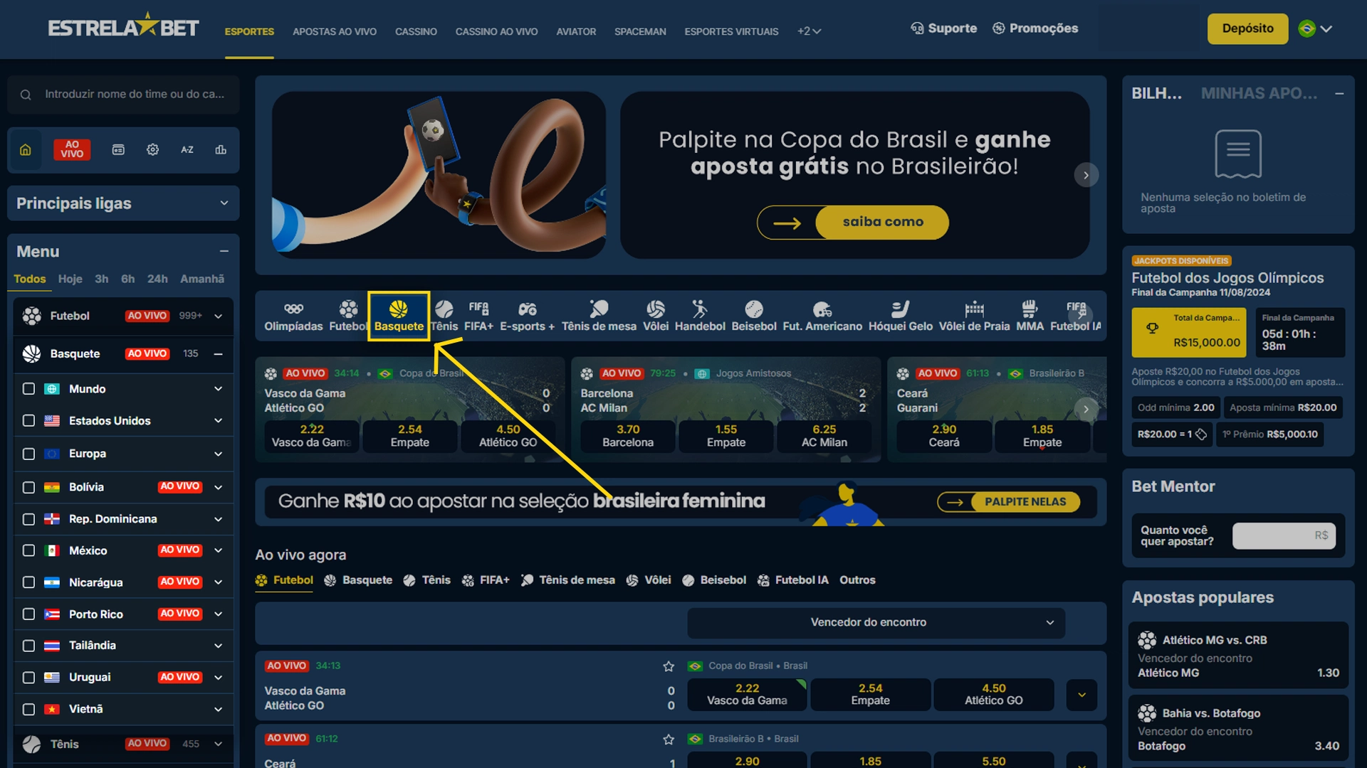 Print mostra página de apostas em basquete da Estrela Bet