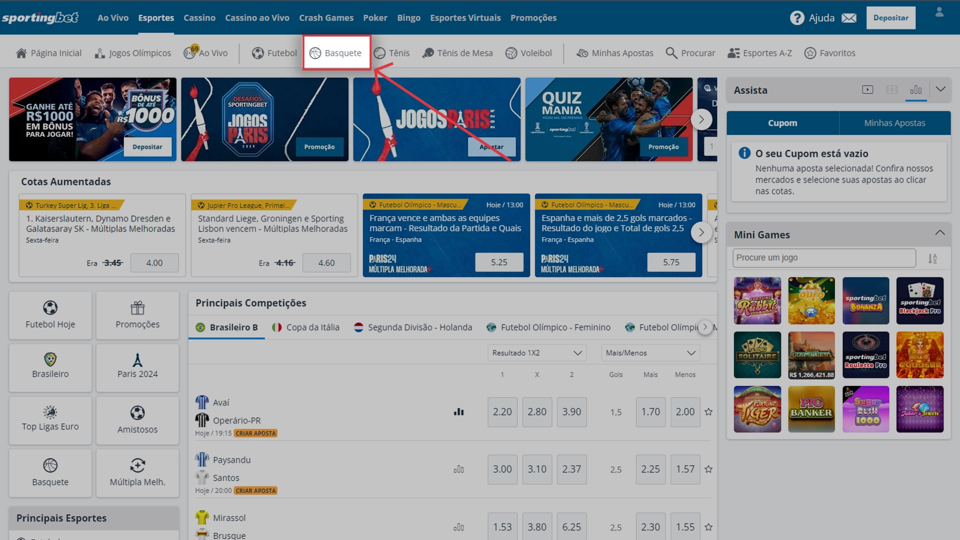 Print mostra página de apostas em basquete da Sportingbet