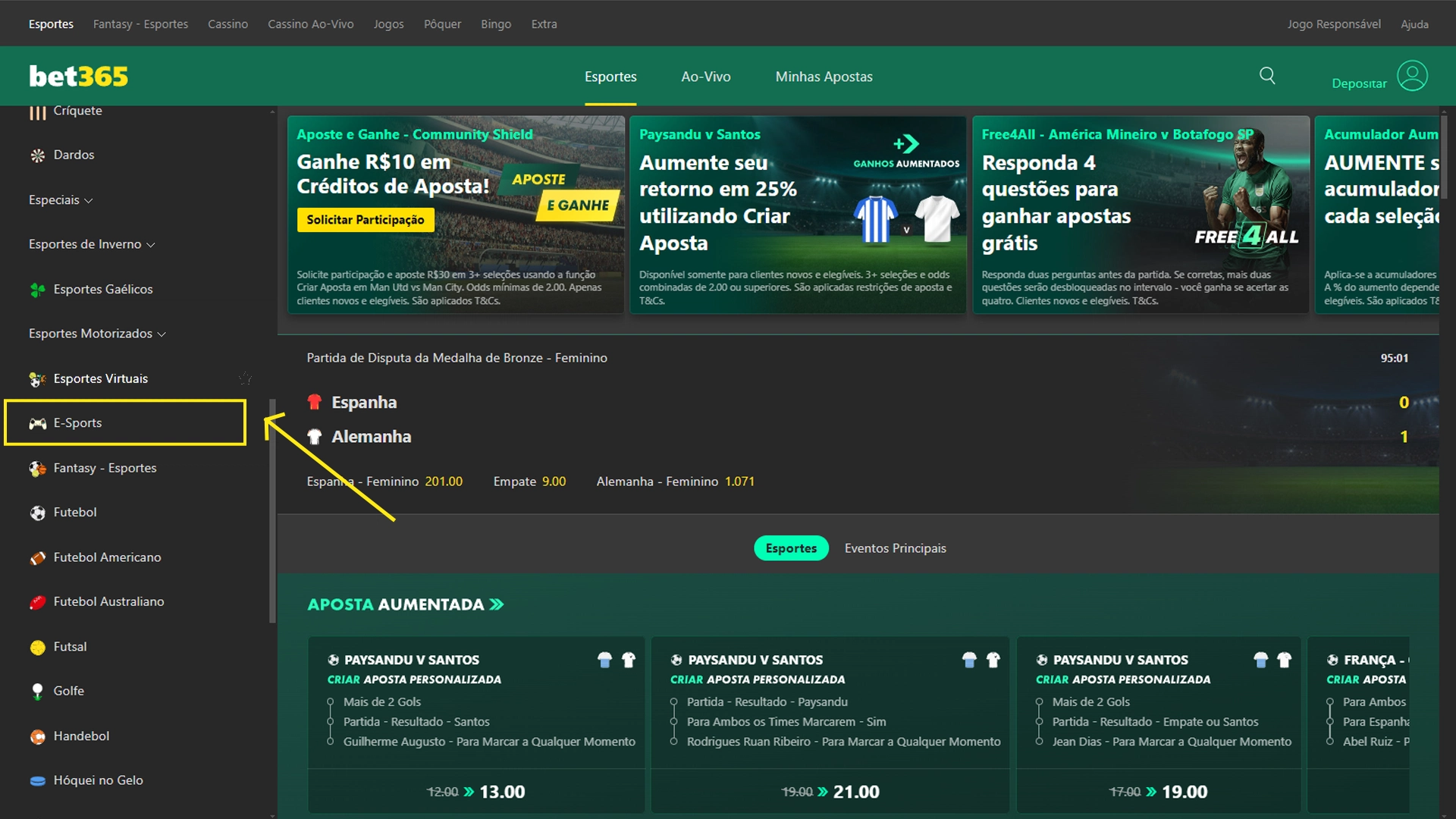 Print mostra página de apostas em e-sport da Bet365