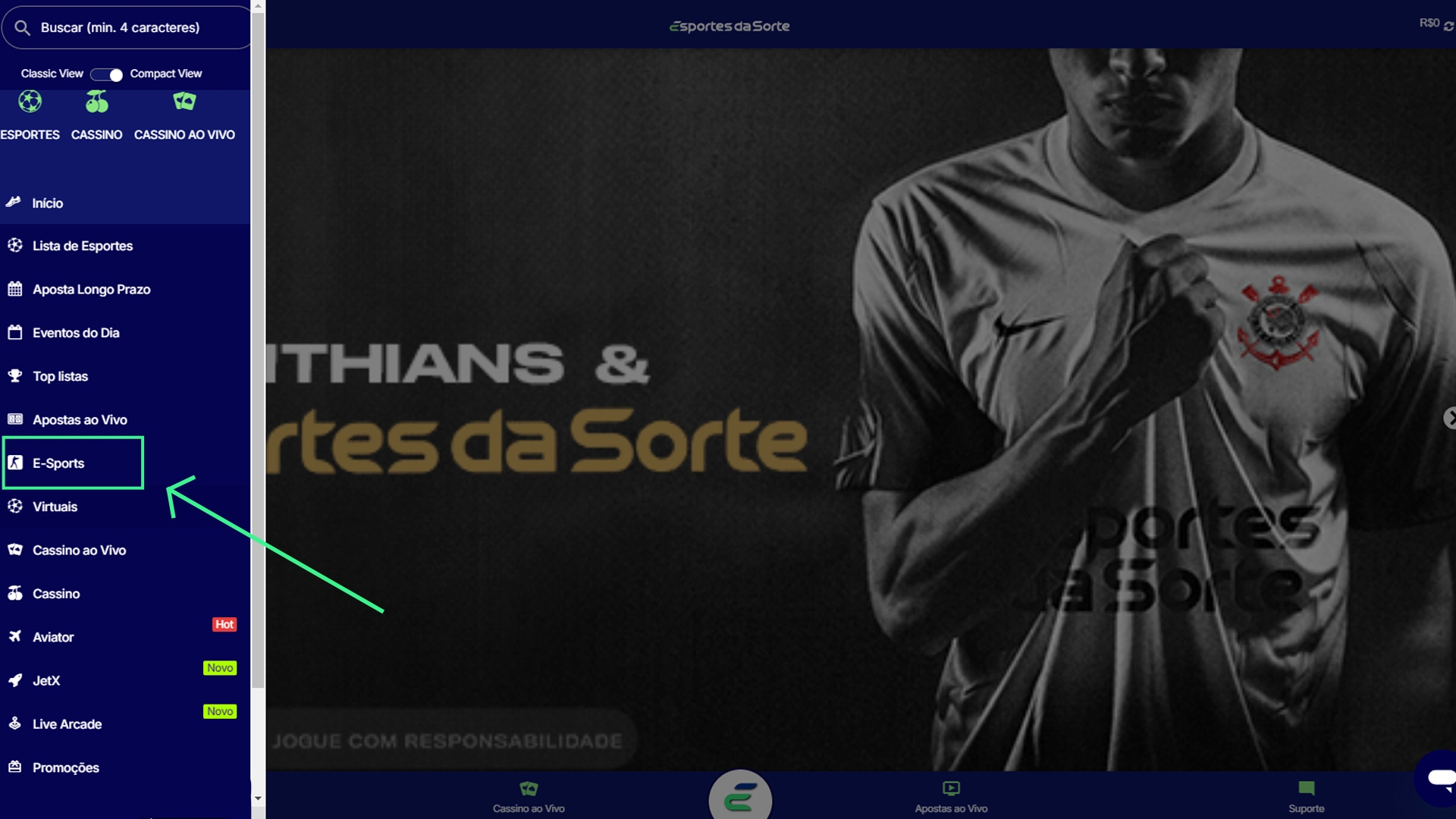Print mostra página de apostas em e-sport da Esportes da Sorte