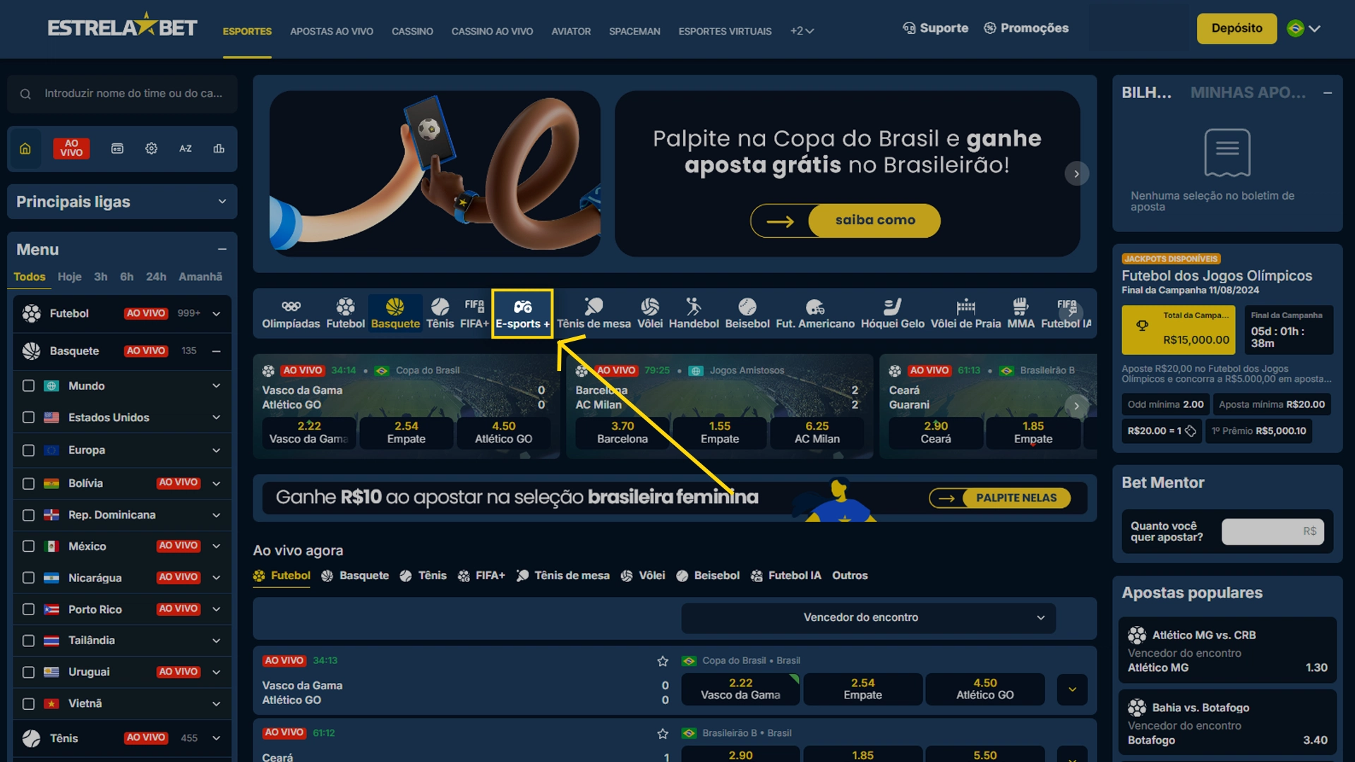 Print mostra página de apostas em e-sports da Estrela Bet