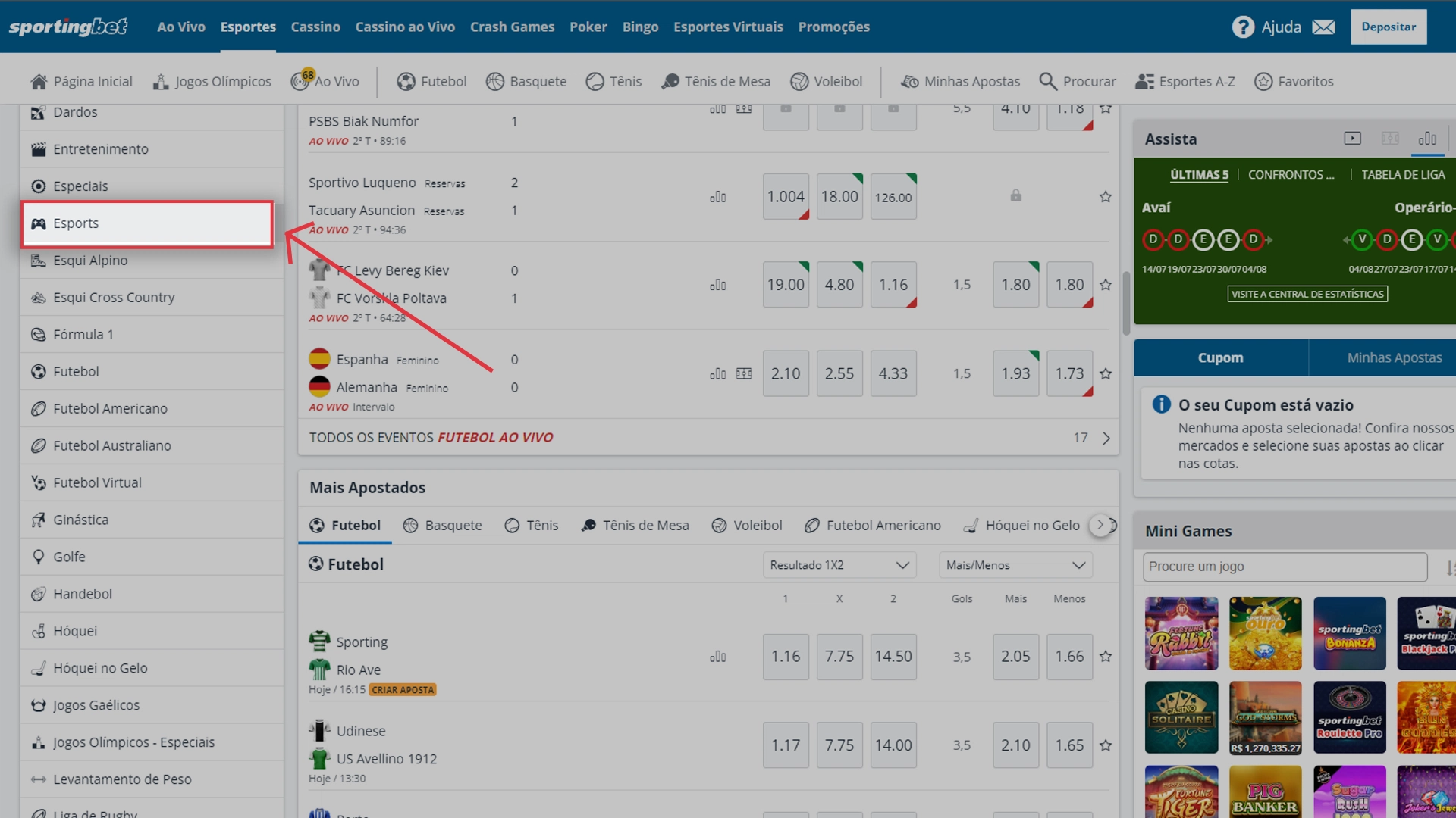 Print mostra página de apostas em e-sport da Sportingbet
