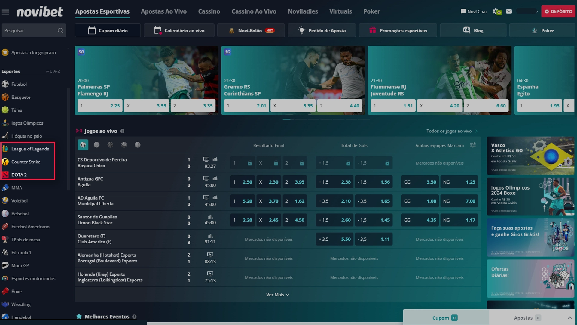 Print mostra página de apostas em e-sports da Novibet