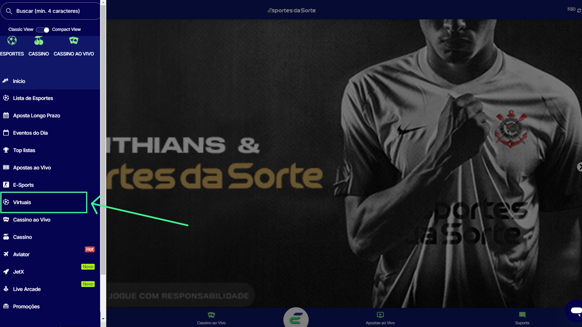Print mostra página de apostas em esportes virtuais da Esportes da Sorte
