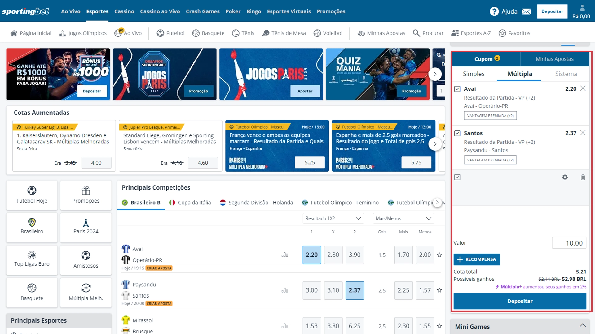 Print mostra página de apostas múltiplas da Sportingbet