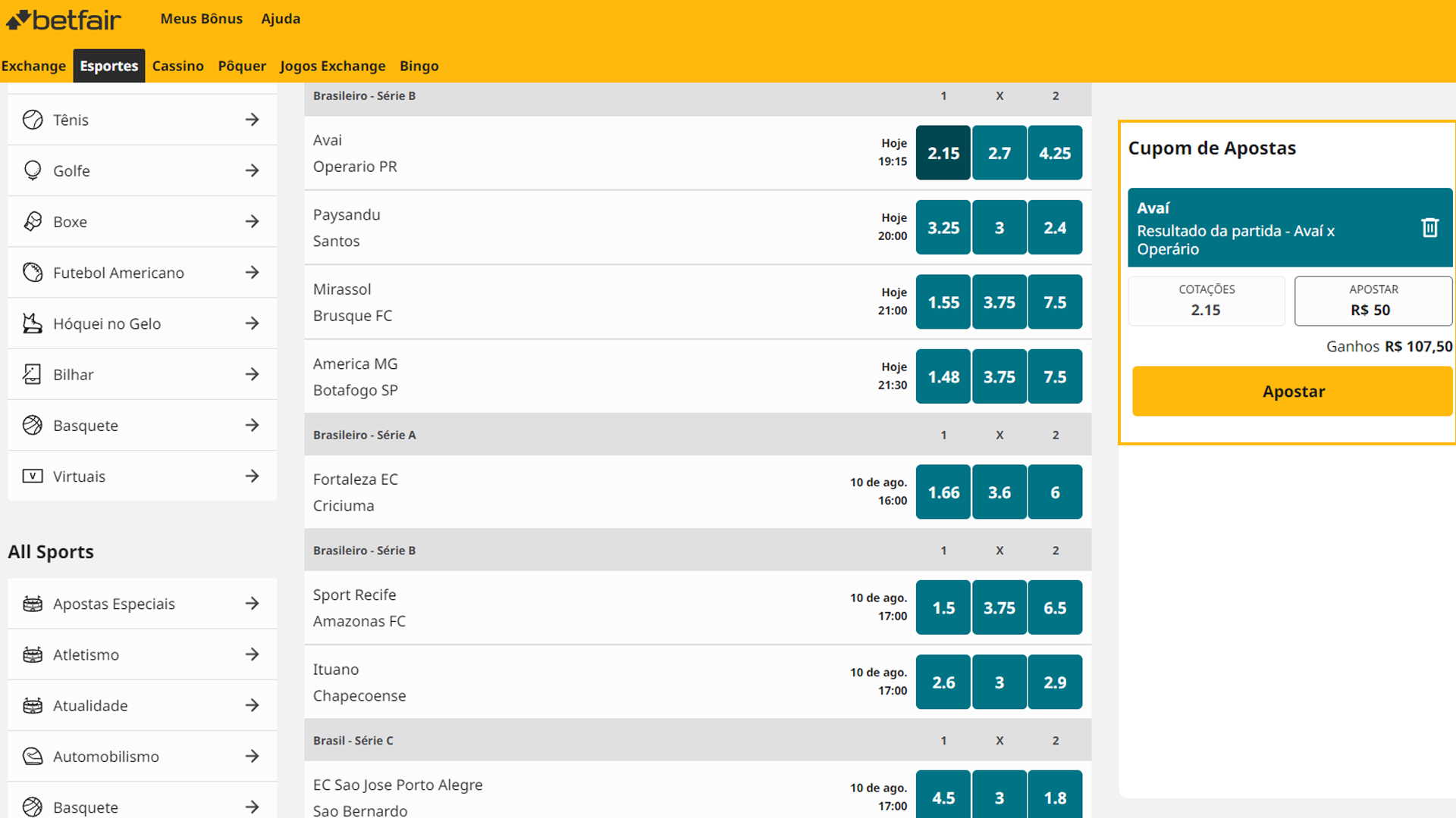 Print mostra página de apostas simples da Betfair