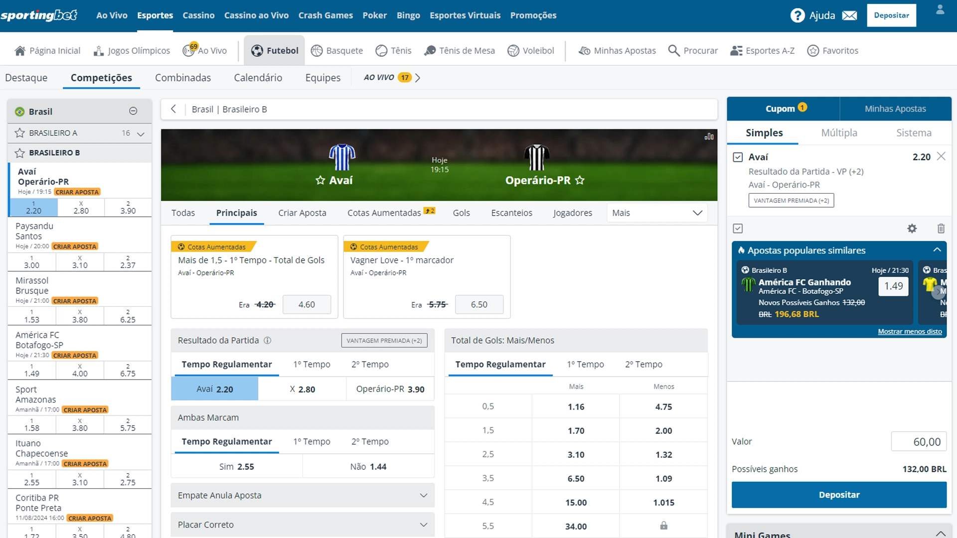 Print mostra página de apostas simples da Sportingbet