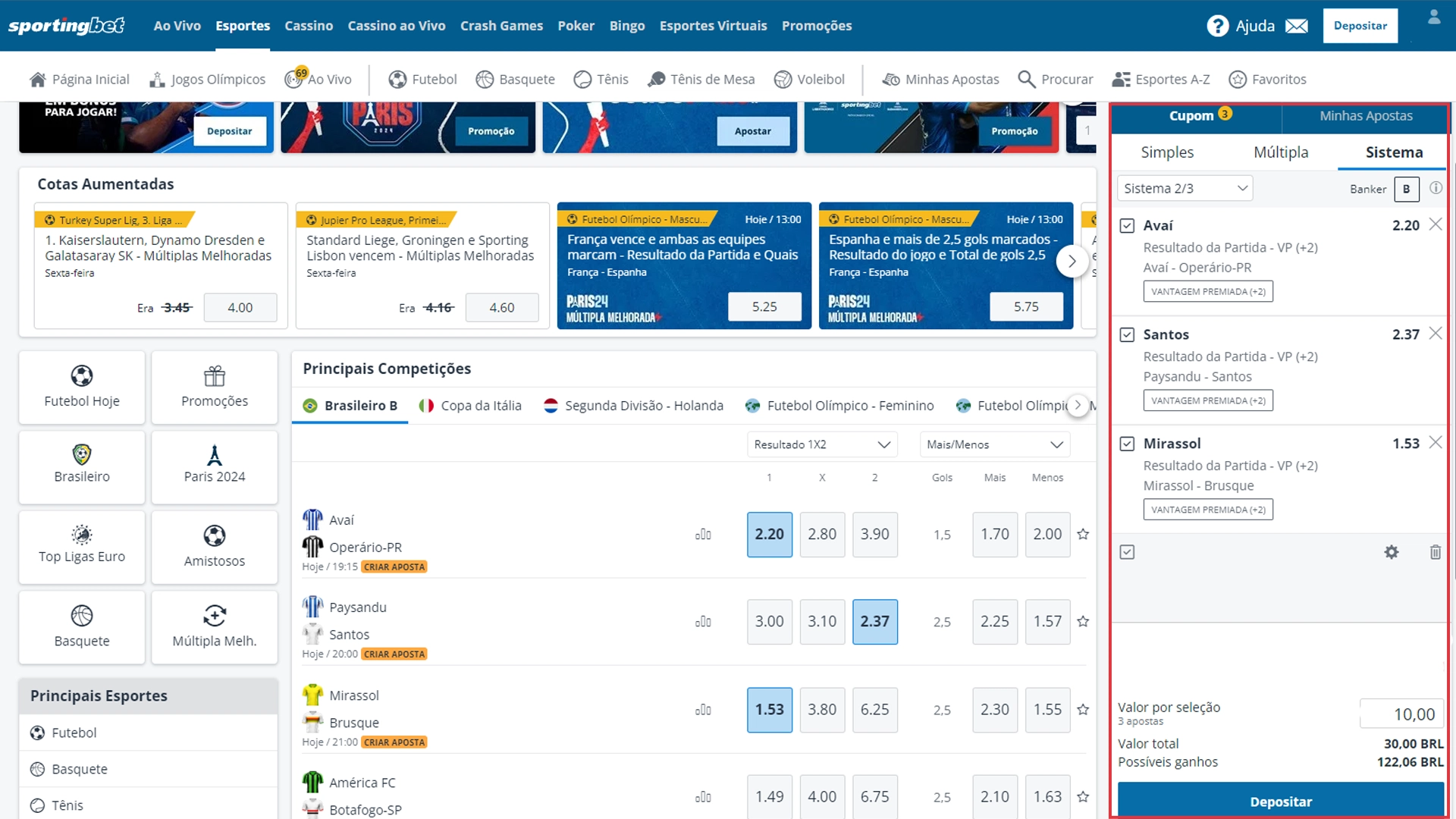 Print mostra página de apostas sistema da Sportingbet