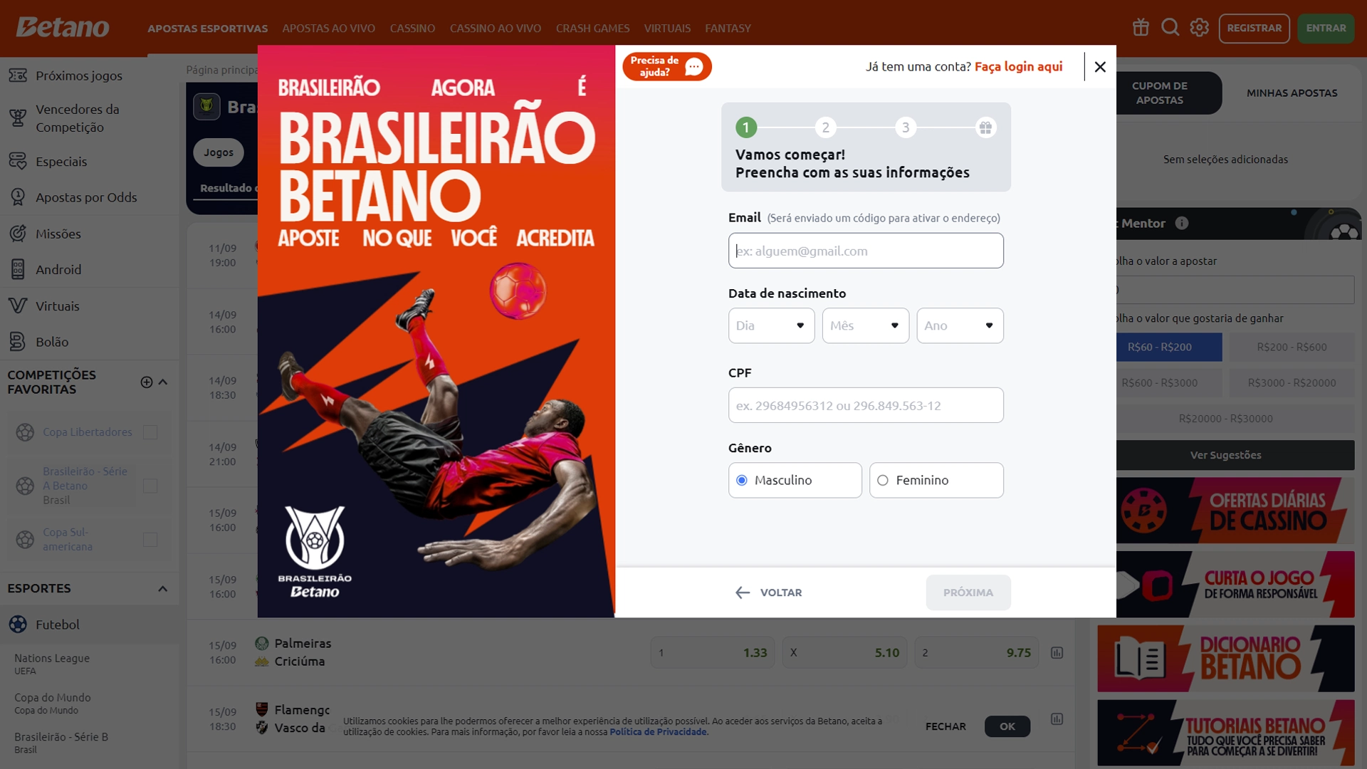 Print mostra página de cadastro da Betano