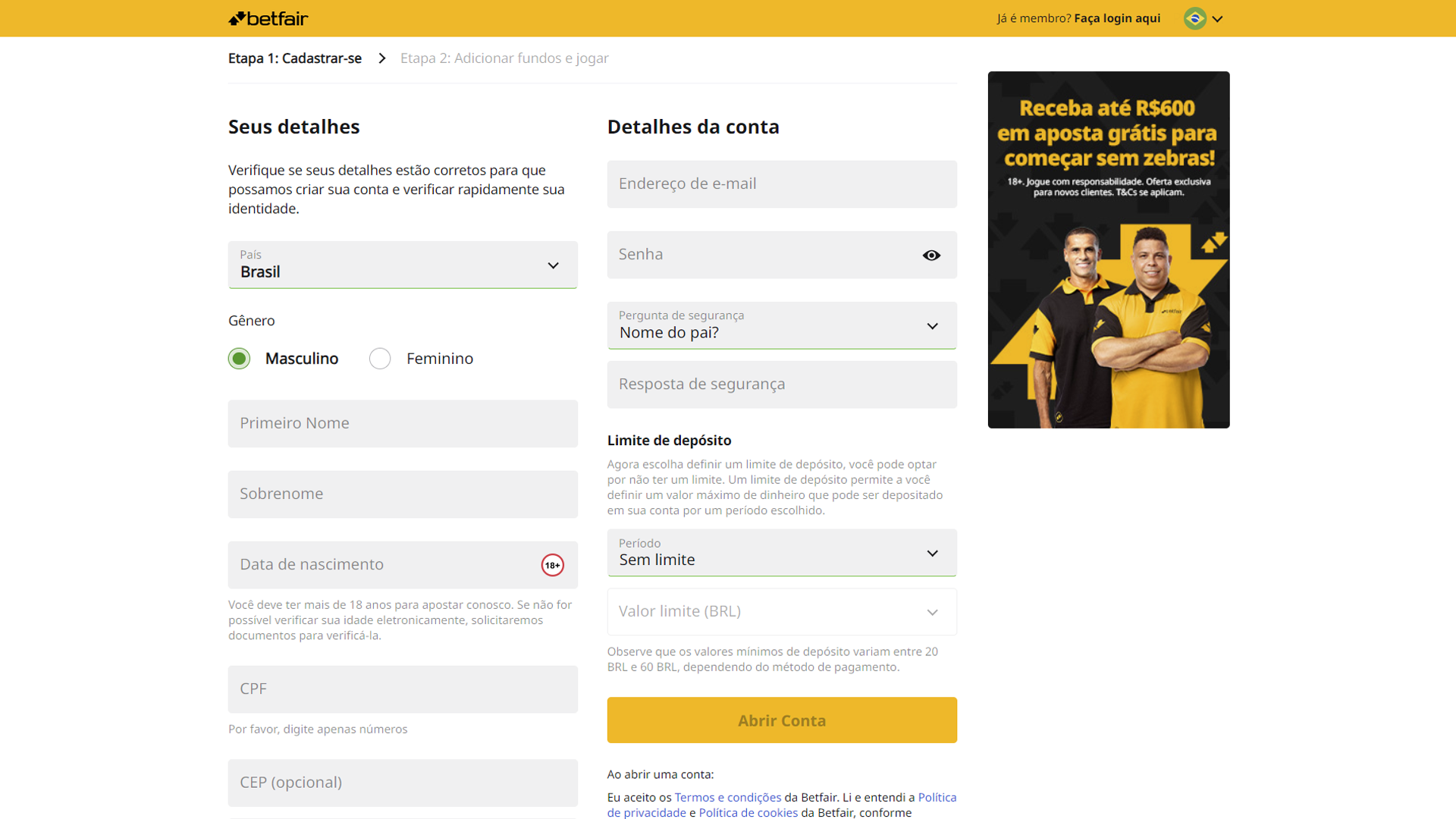 Print mostra página de cadastro da Betfair