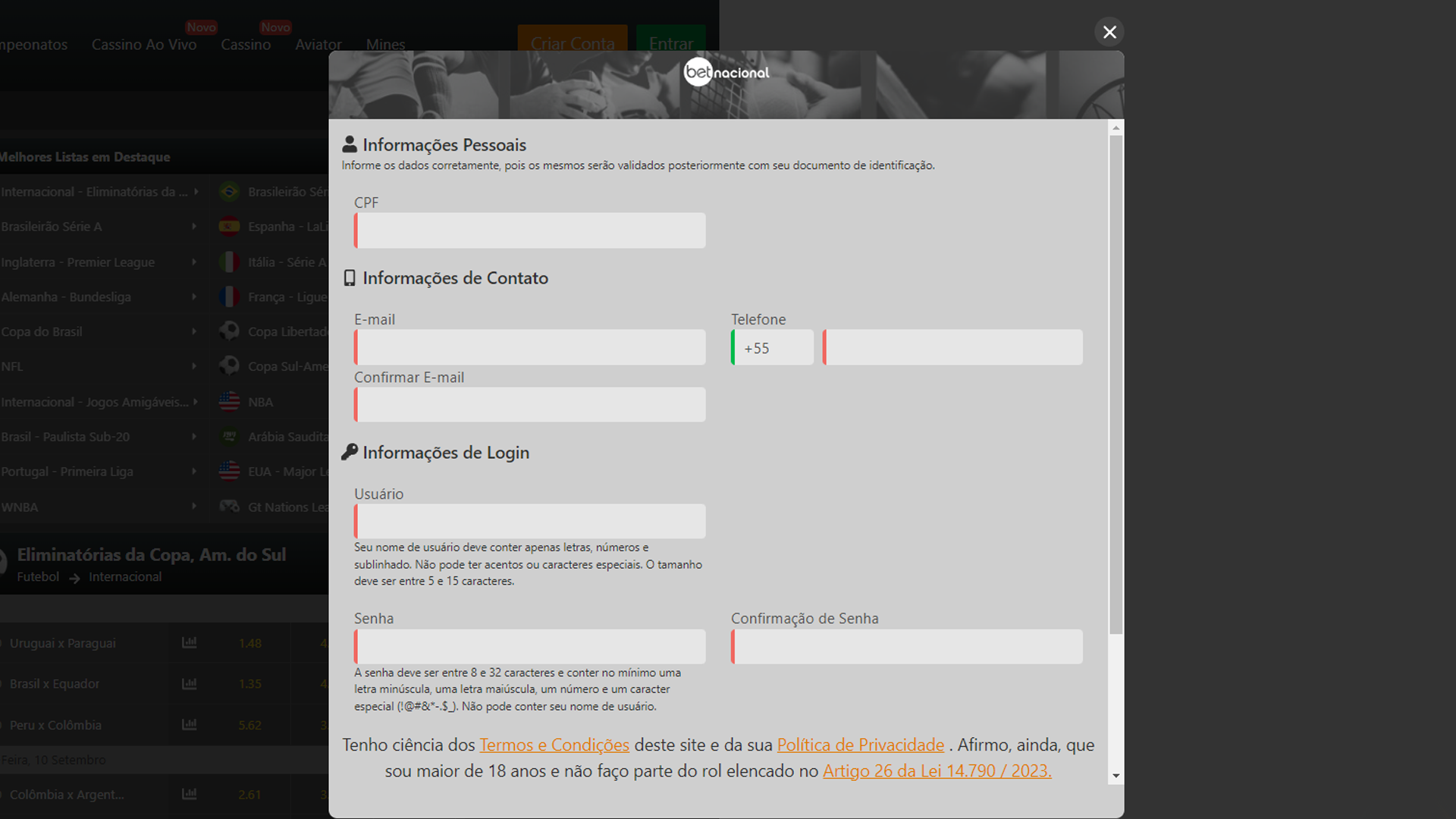 Print mostra página de cadastro da Betnacional