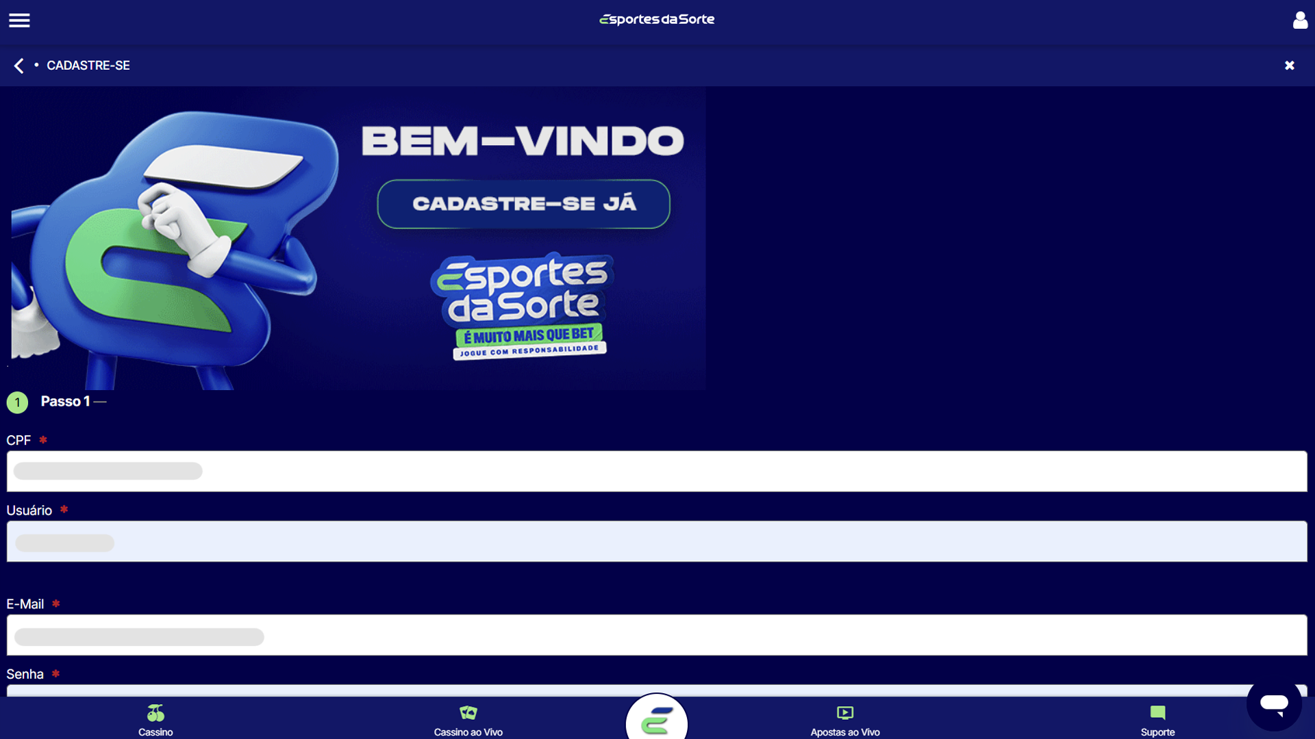 Print mostra página de cadastro da Esportes da Sorte