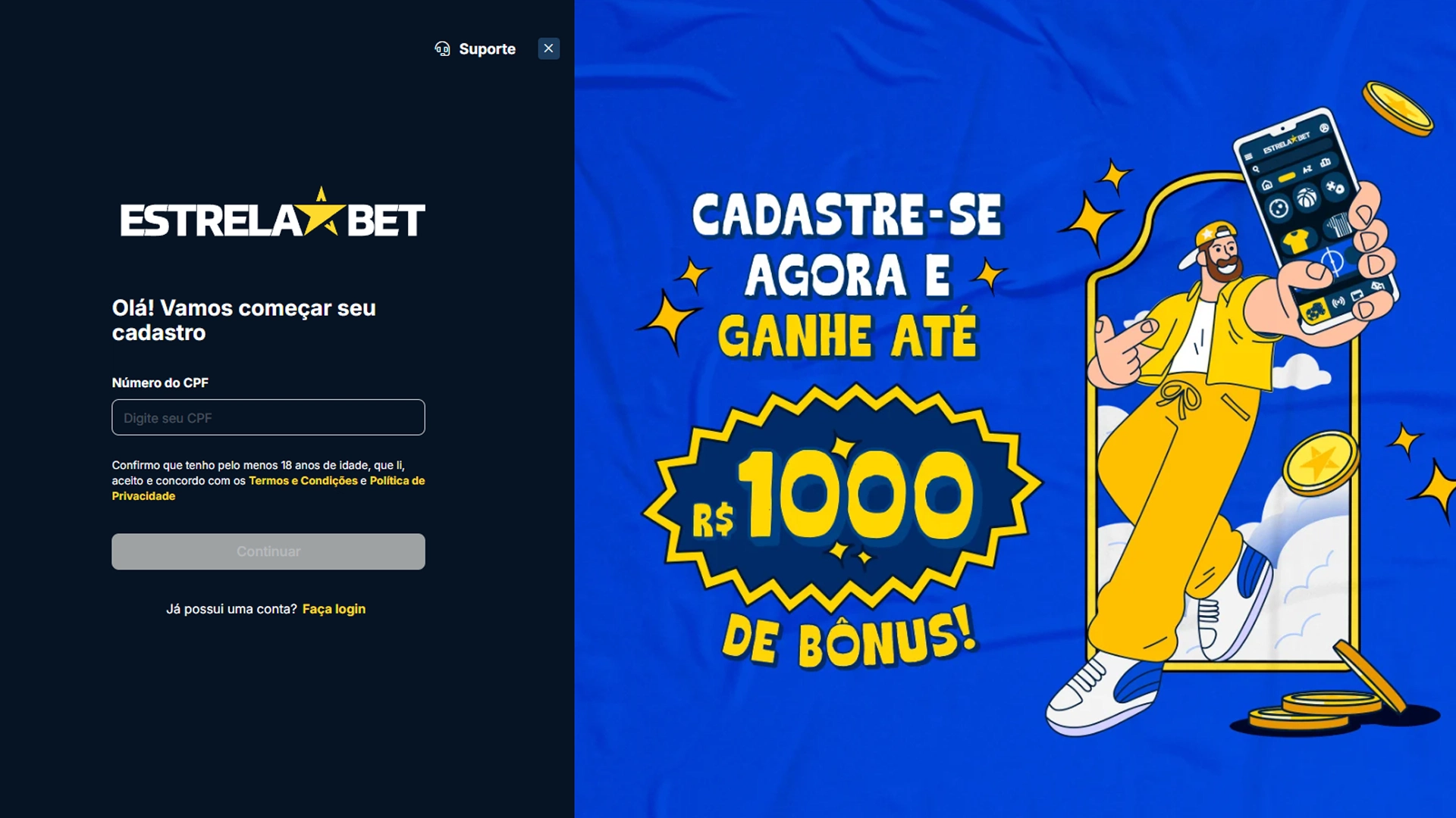 Print mostra página de cadastro da Estrela Bet