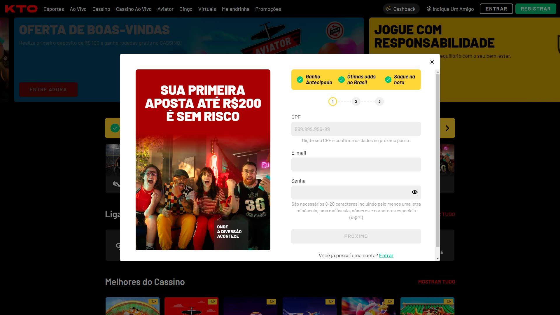 Print mostra página de cadastro da KTO