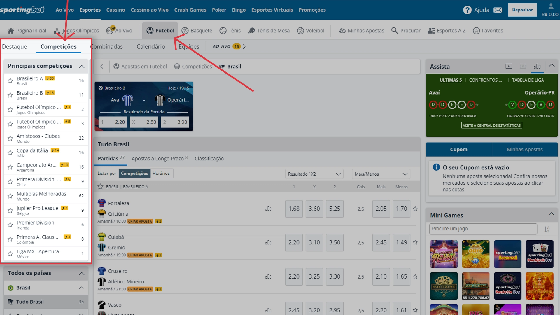 Print mostra página de competições da Sportingbet