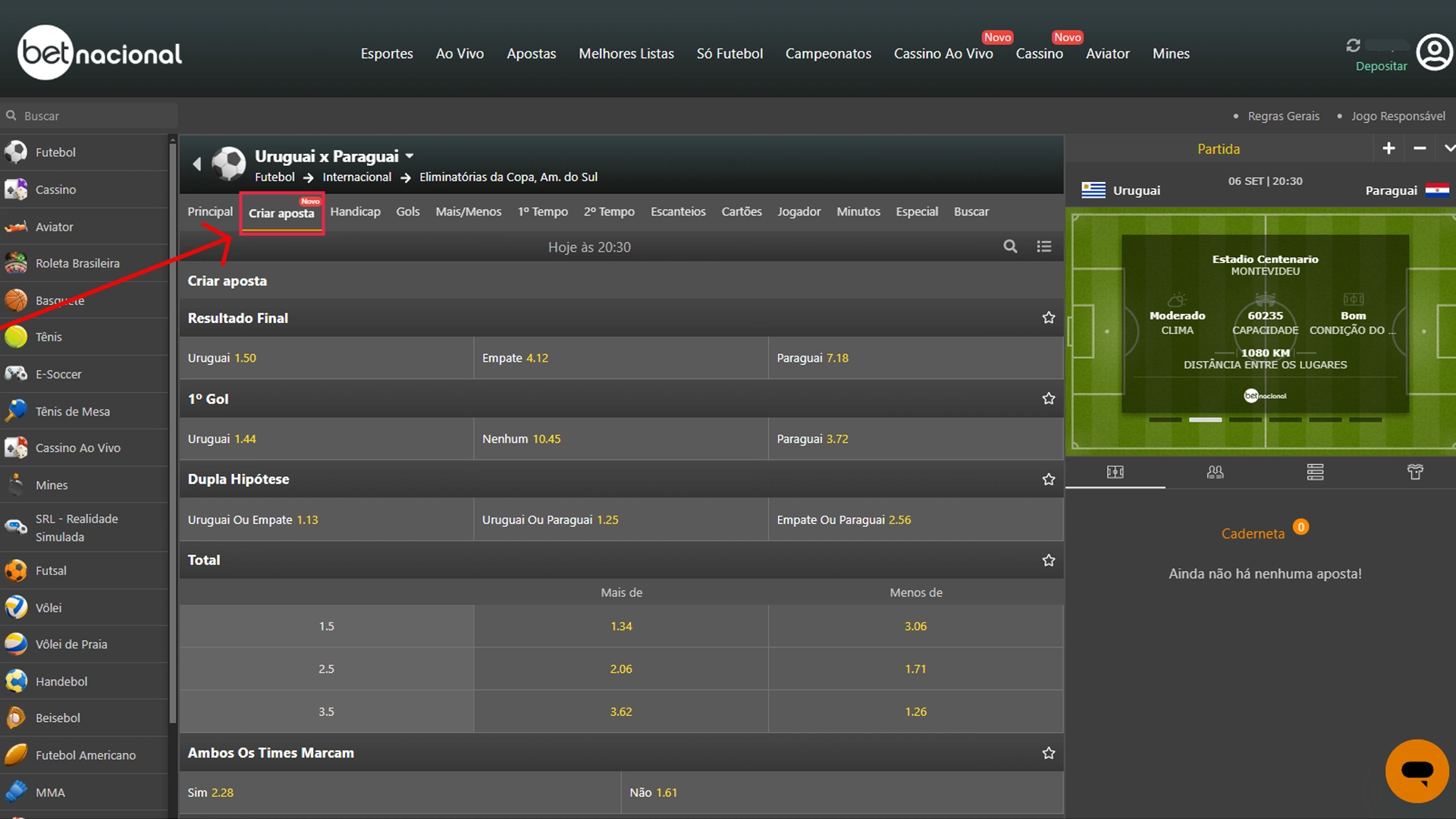 Print mostra página de apostas da Betnacional