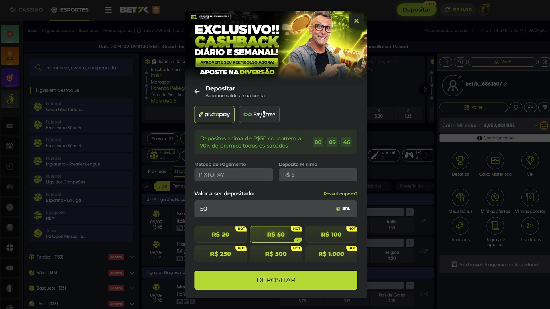 Print mostra página de depósito da Bet7k