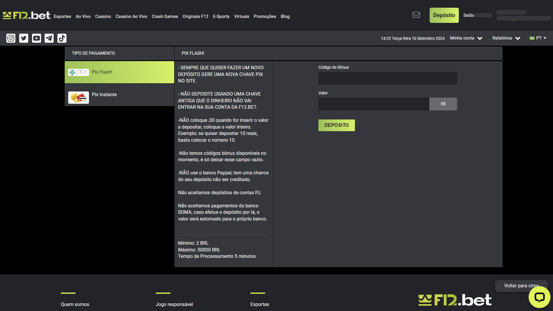 screenshot depósito f12bet