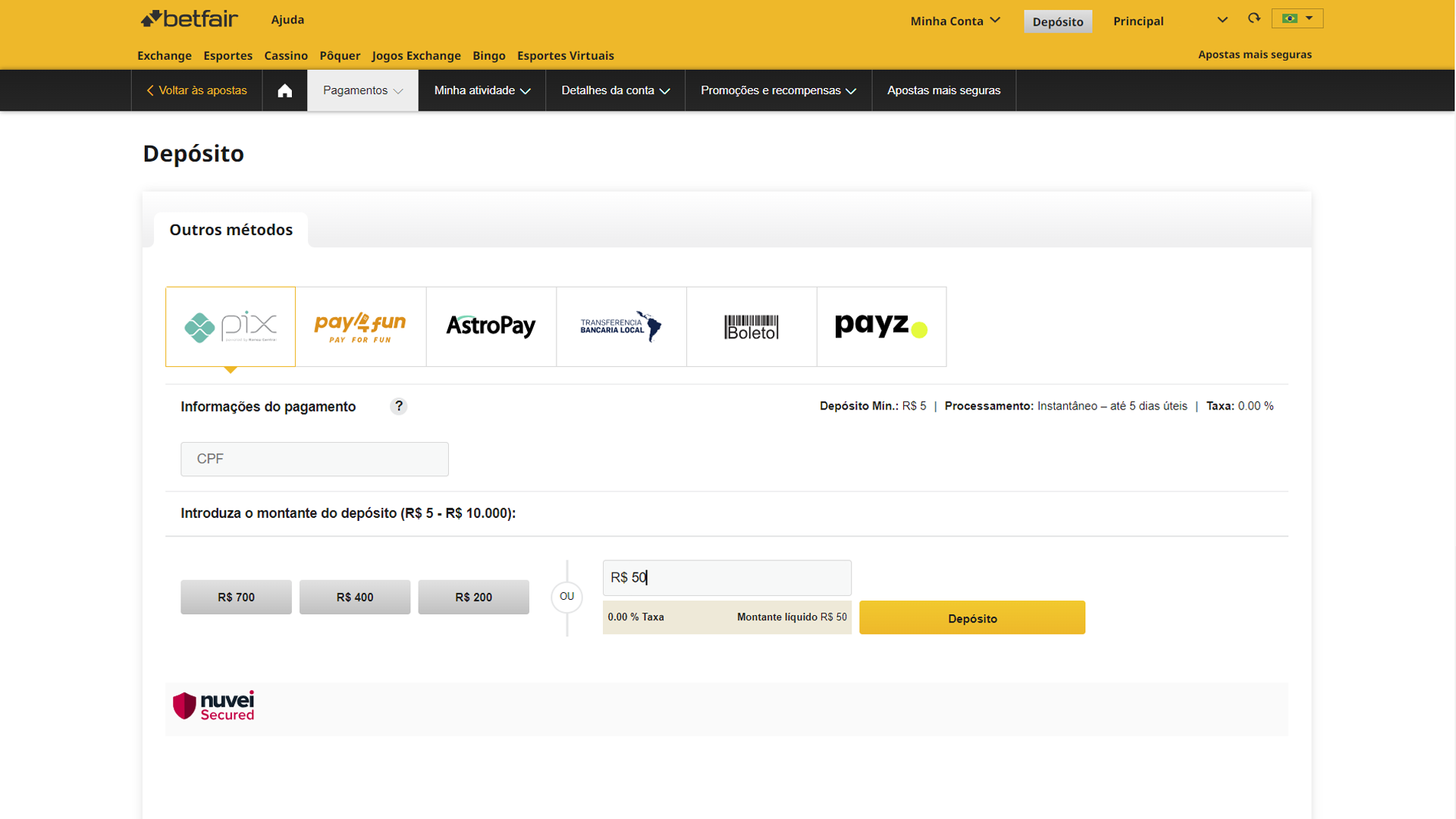 Print mostra página de depósito da Betfair