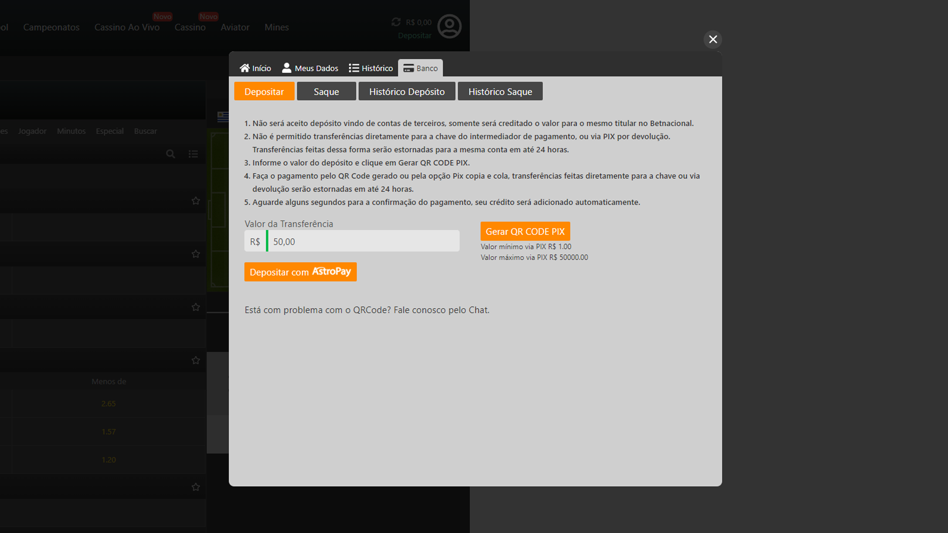 Print mostra página de depósito da Betnacional