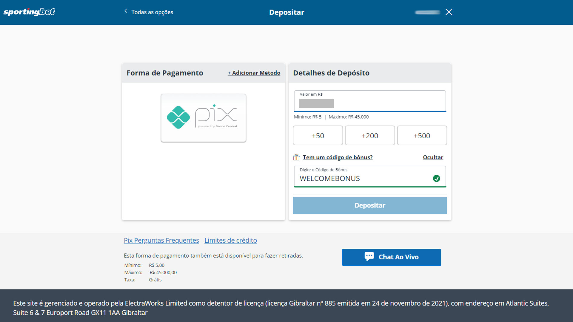 Print mostra página de depósito da Sportingbet
