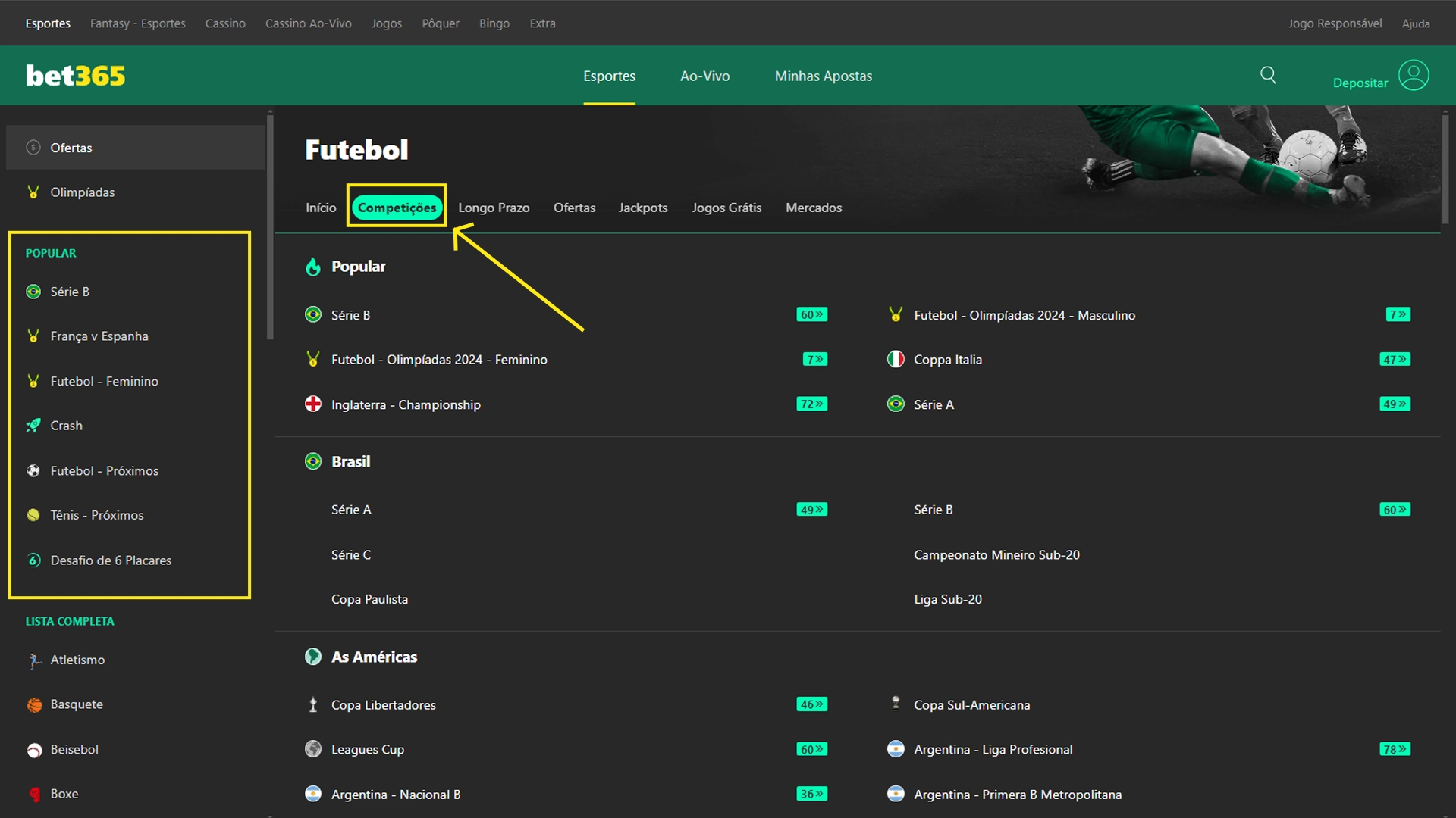 Print mostra página de competições da Bet365