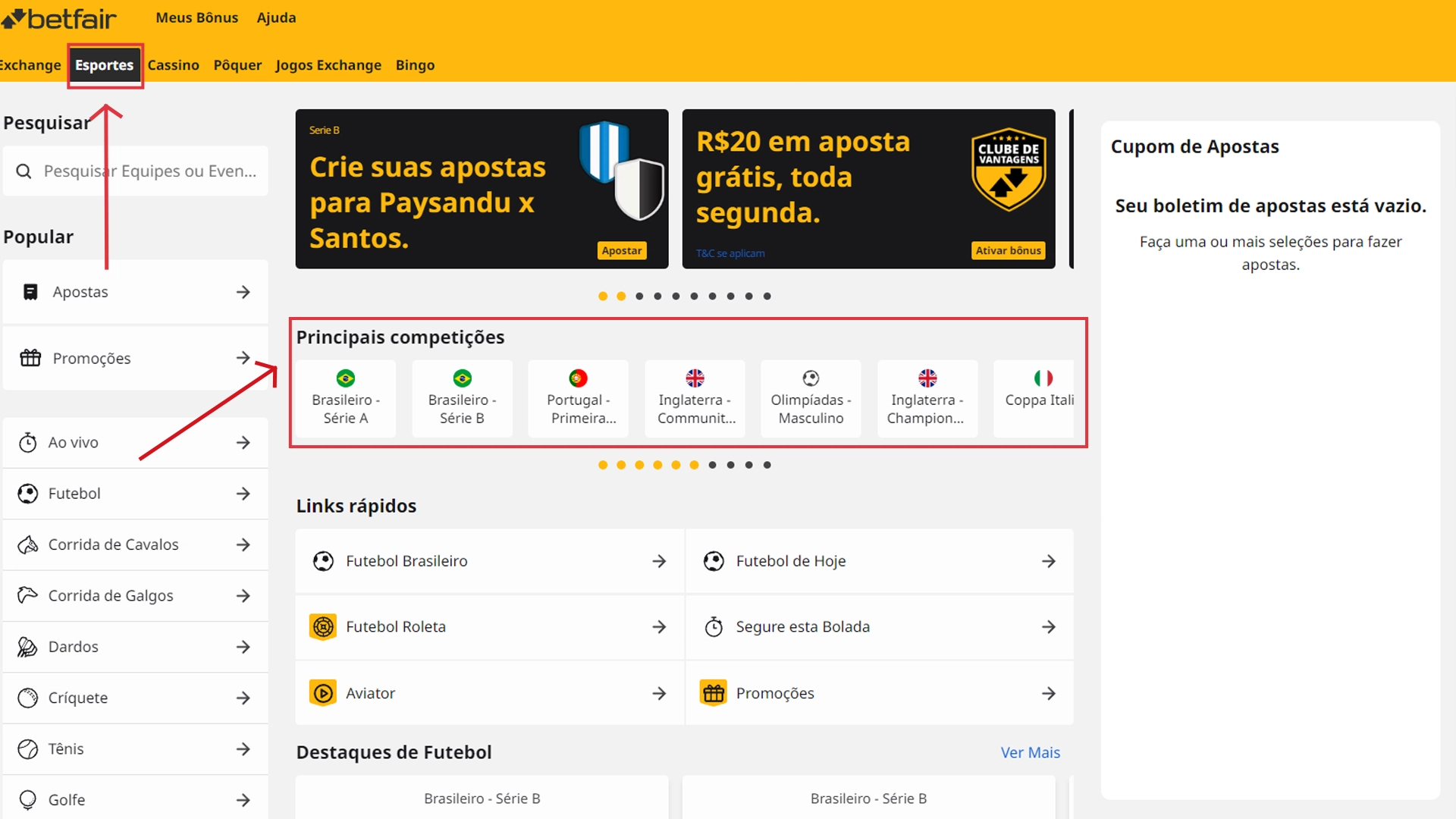 Print mostra página de competições da Betfair