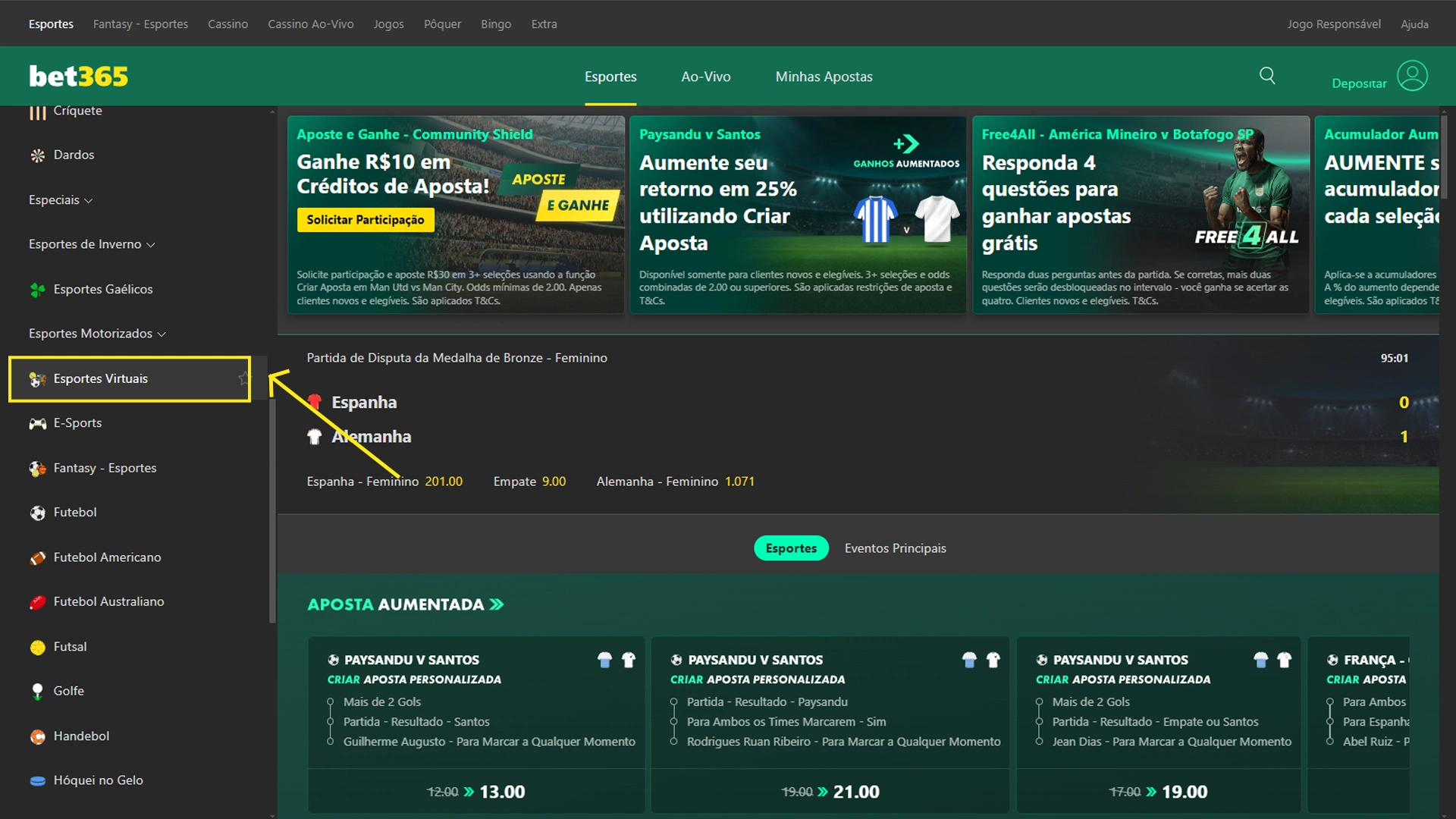 Print mostra página de esportes virtuais da Bet365