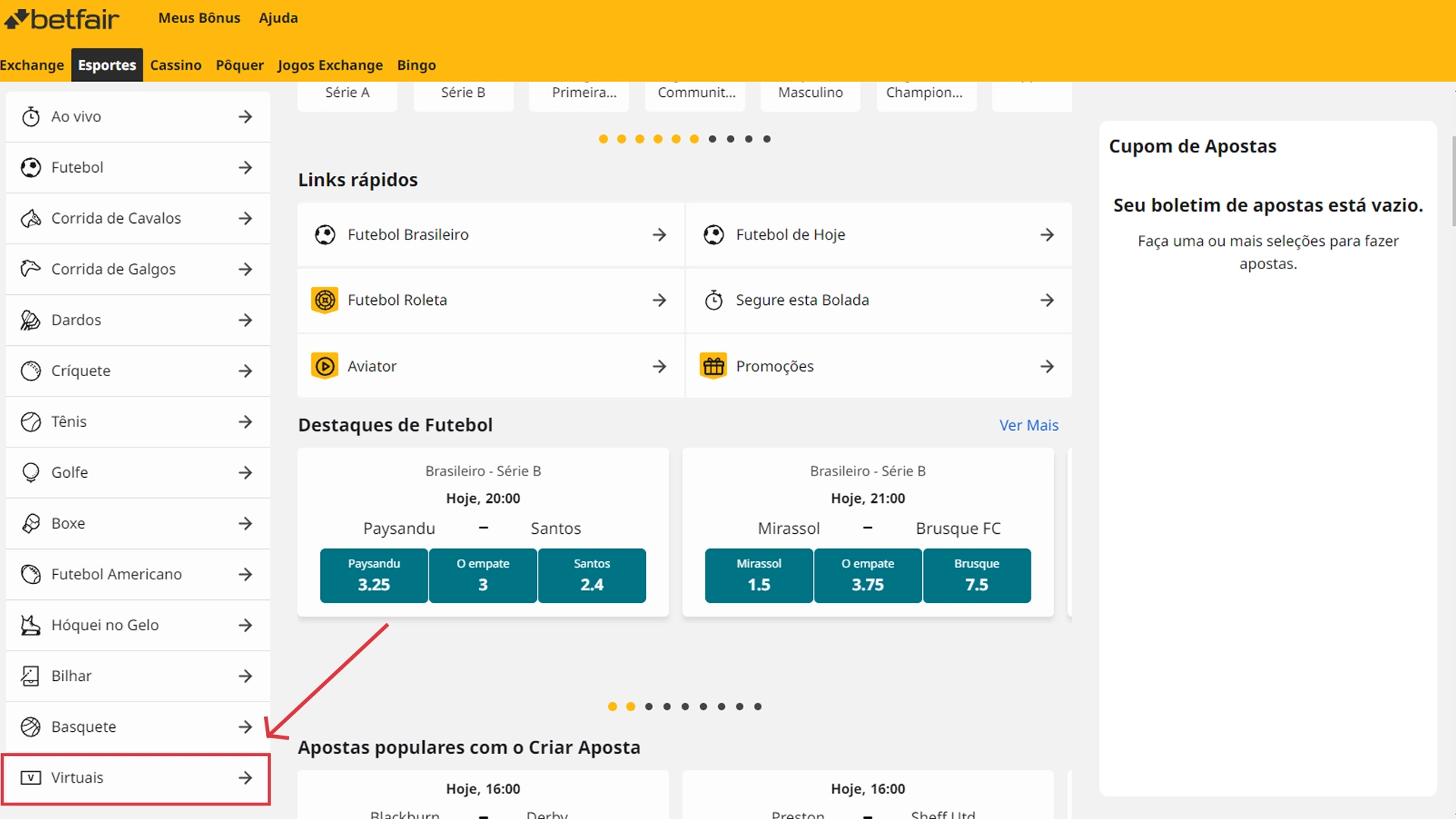 Print mostra página de esportes virtuais da Betfair
