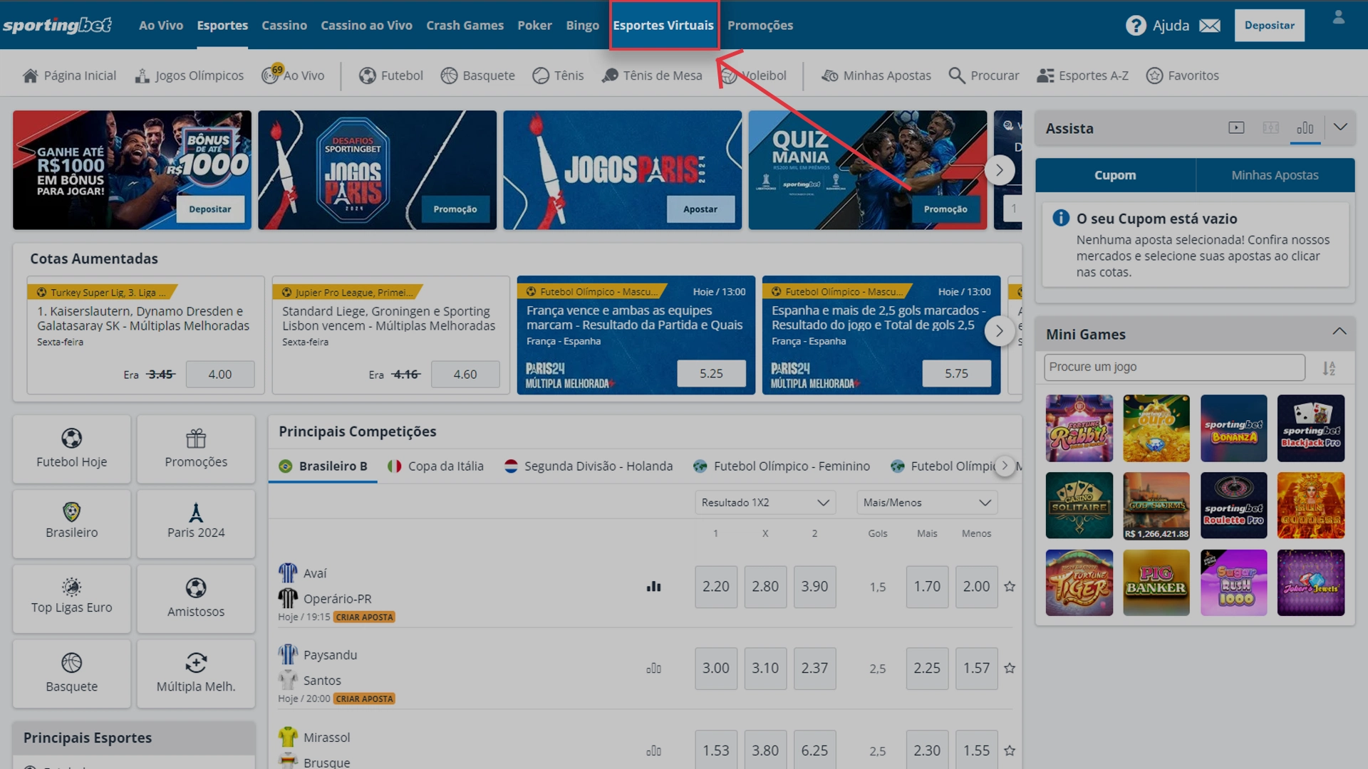 Print mostra página de apostas em esportes virtuais da Sportingbet