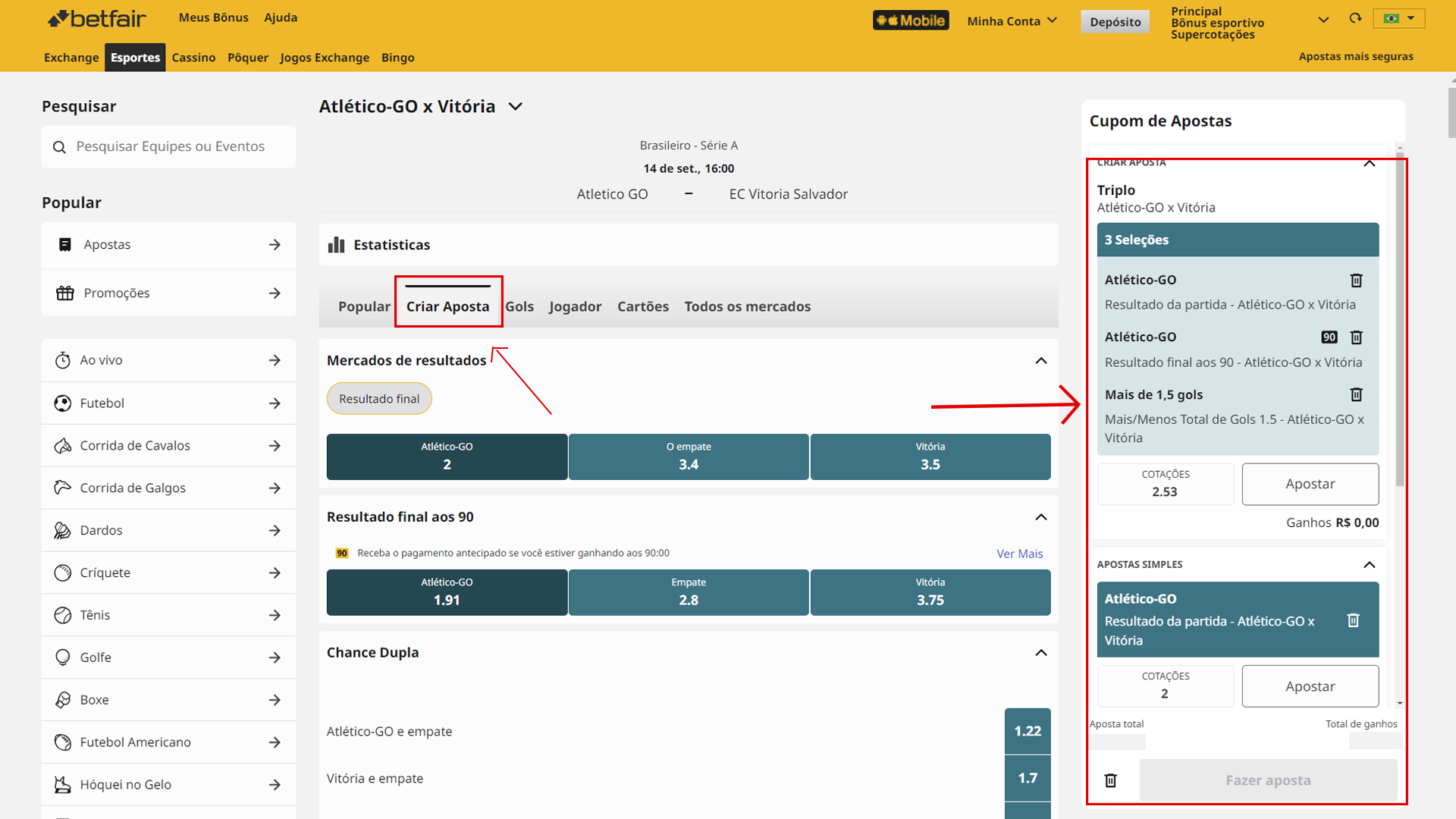 Print mostra página de apostas combinadas da Betfair