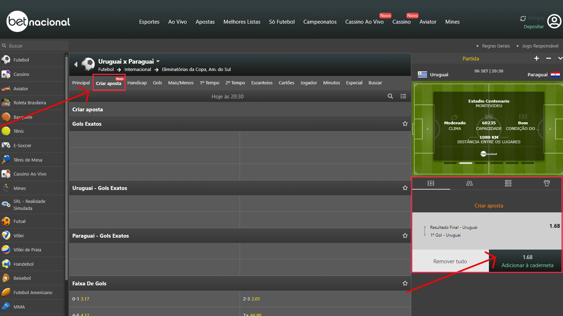 Print mostra página de apostas da Betnacional