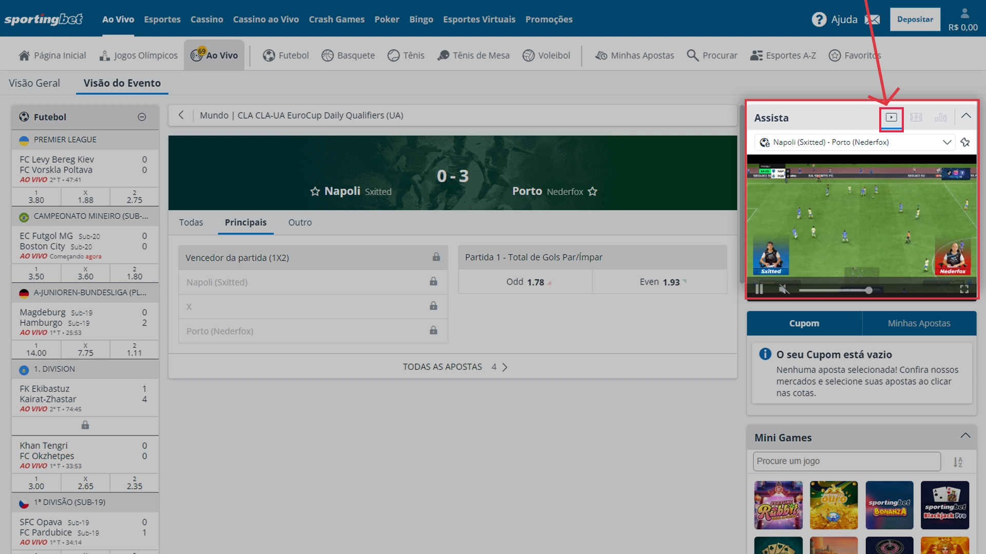 Print mostra página de transmissão ao vivo de e-sport da Sportingbet