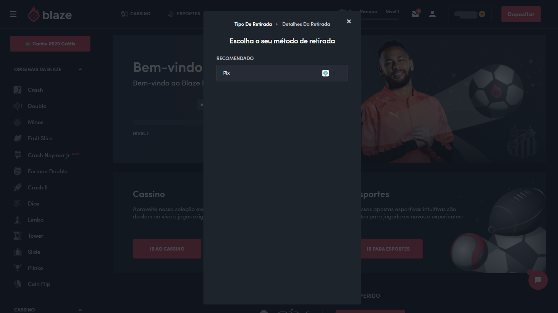 Print mostra página de métodos de saque da Blaze
