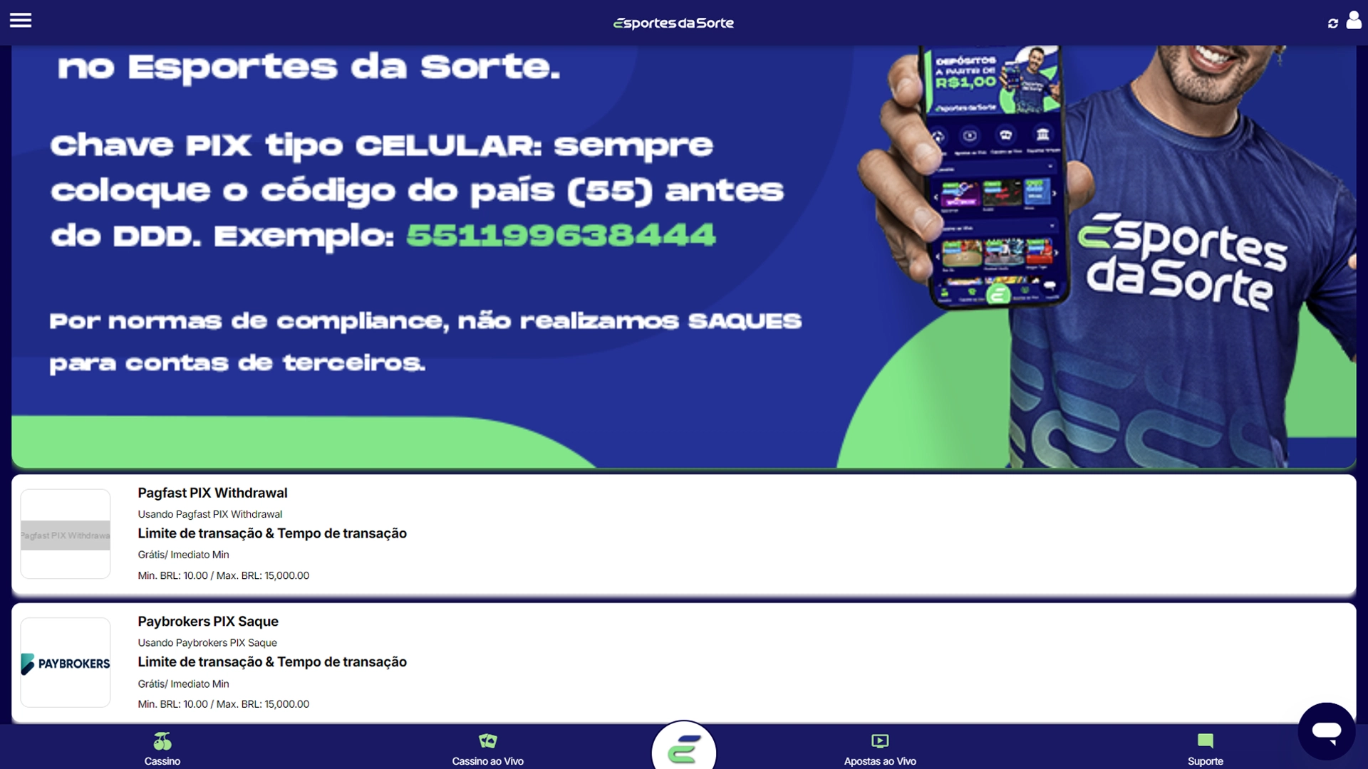 Print mostra página de métodos de saque da Esportes da Sorte