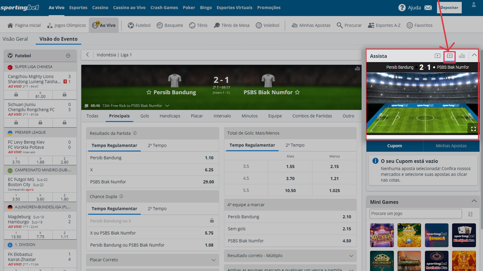 Print mostra página com minicampo da Sportingbet