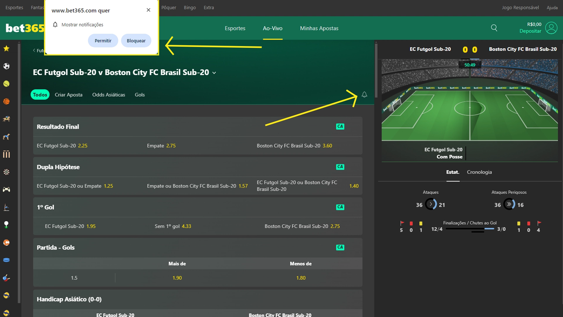 Print mostra página de notificações da Bet365