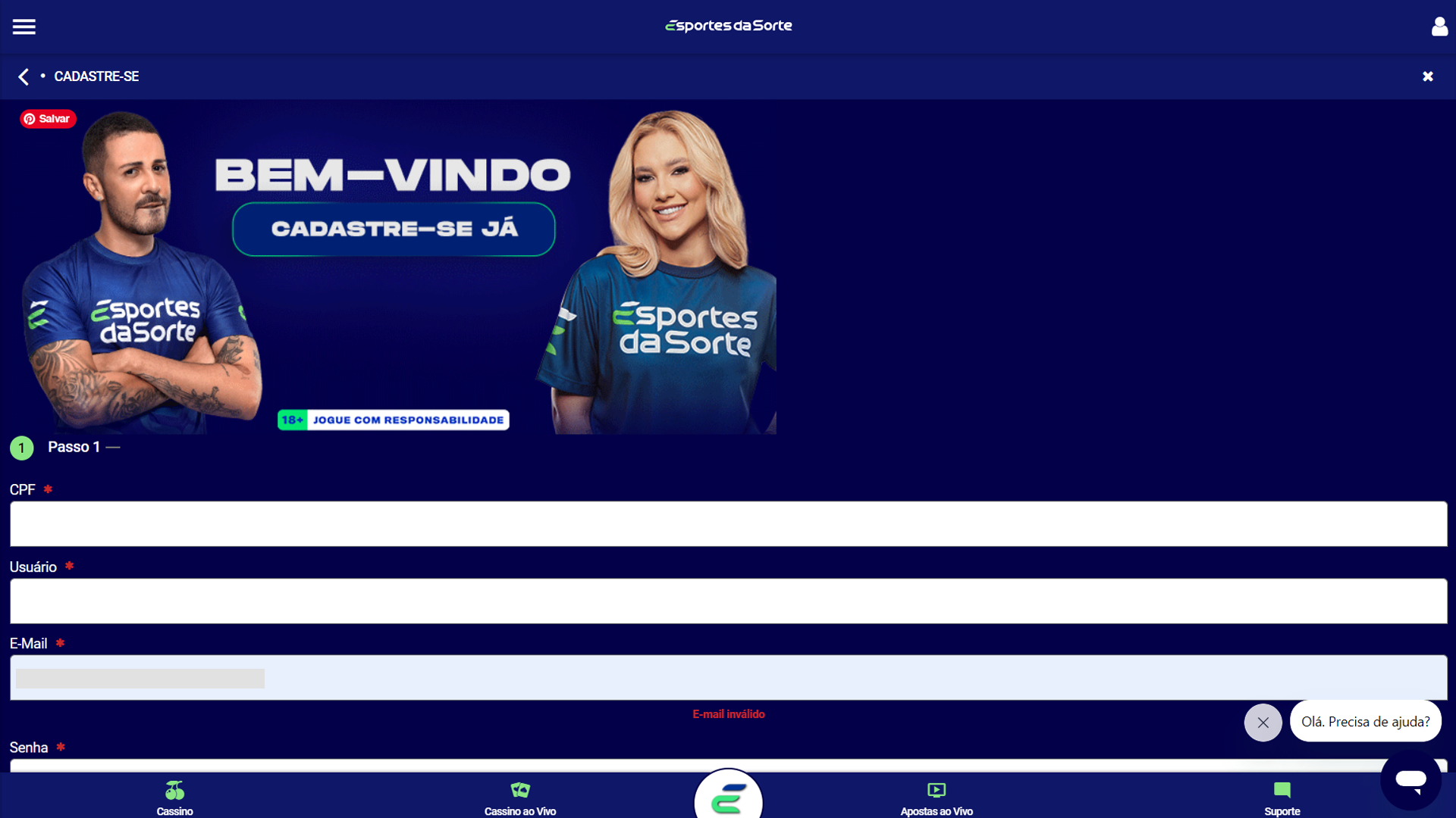 Print mostra página de cadastro da Esportes da Sorte